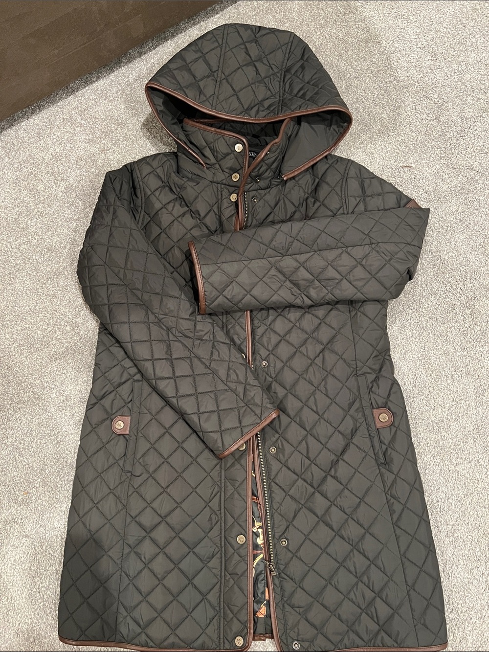 Ralph Lauren Quilted Hooded Women's Coat - Khaki Green with Brown Trim